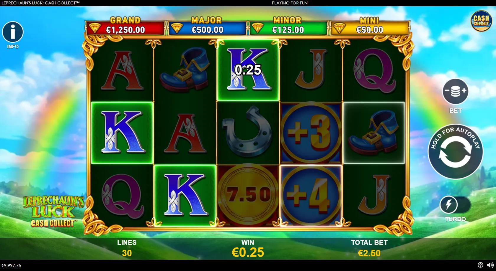 Leprechaun's Luck Cash Collect 5x3 Irish grid with a leprechaun and horseshoe, golden shamrock wilds, gold cash coins and jackpot meters