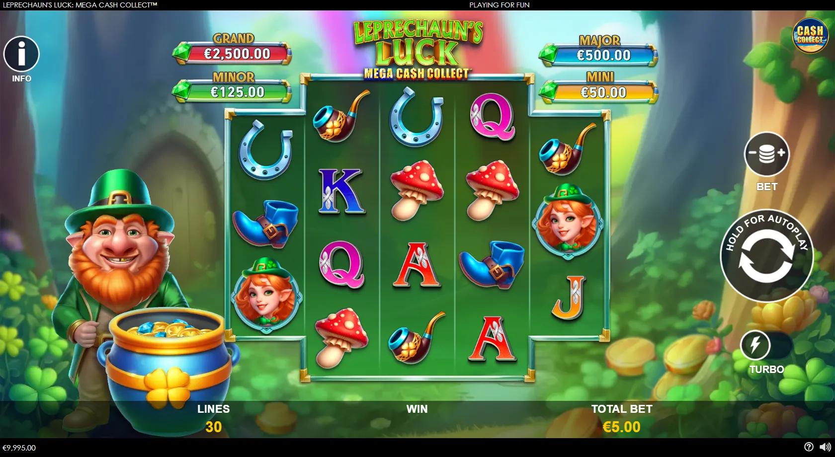 Leprechaun's Luck Mega Cash Collect slot gameplay showing 3-4-4-4-3 Irish grid with clover Wild and Cash Collect coins