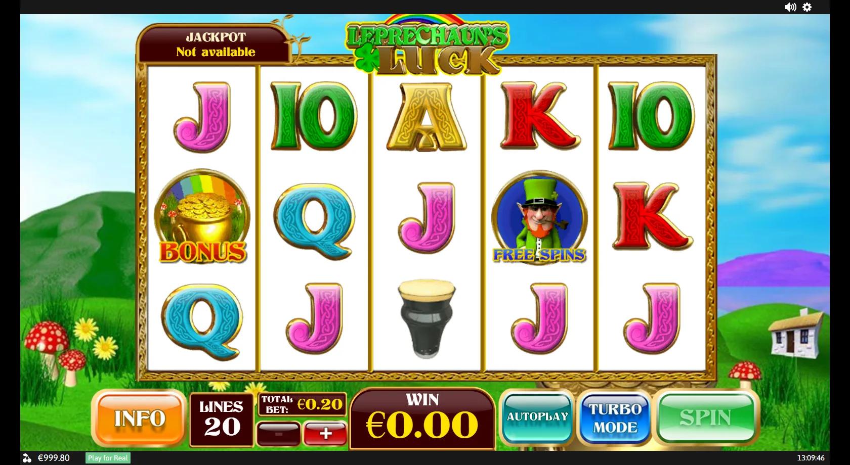 Leprechaun's Luck gameplay showing a 5x3 Irish reel set with the gold wild logo, harp, pint and pot-of-gold bonus