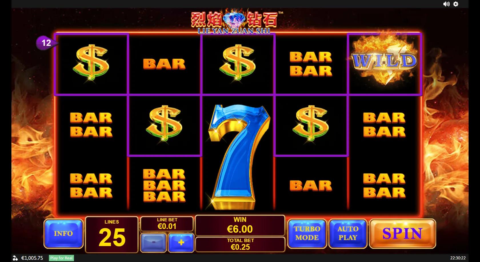 Lie Yan Zuan Shi 5x3 flaming grid with red, blue and green lucky 7s, BAR plaques, a blue diamond and a fiery wild