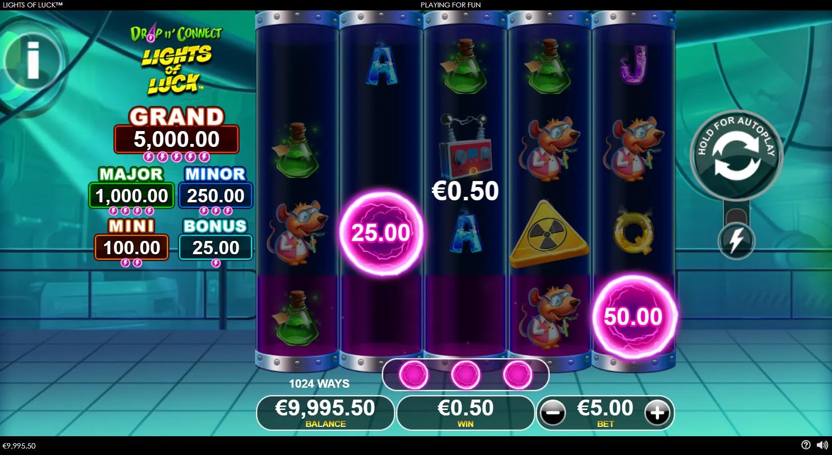 Lights of Luck slot gameplay showing a 5-reel mad-scientist lab grid of glowing tubes with a professor wild, lab rat, potion and Tesla symbols and pink power-ball orbs, plus a jackpot panel