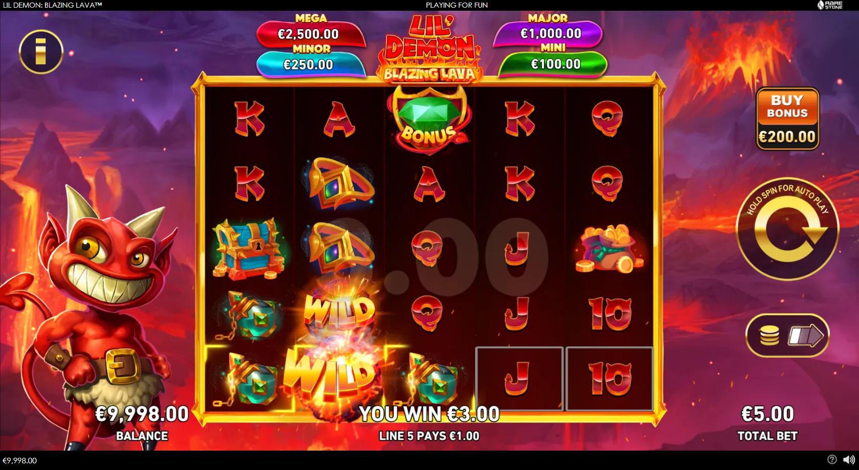 Lil Demon Blazing Lava slot gameplay showing a 5x5 fiery-cavern grid with a grinning red demon, cash-prize coins, a pot/cauldron, a bonus gem and a lava column, plus four jackpots