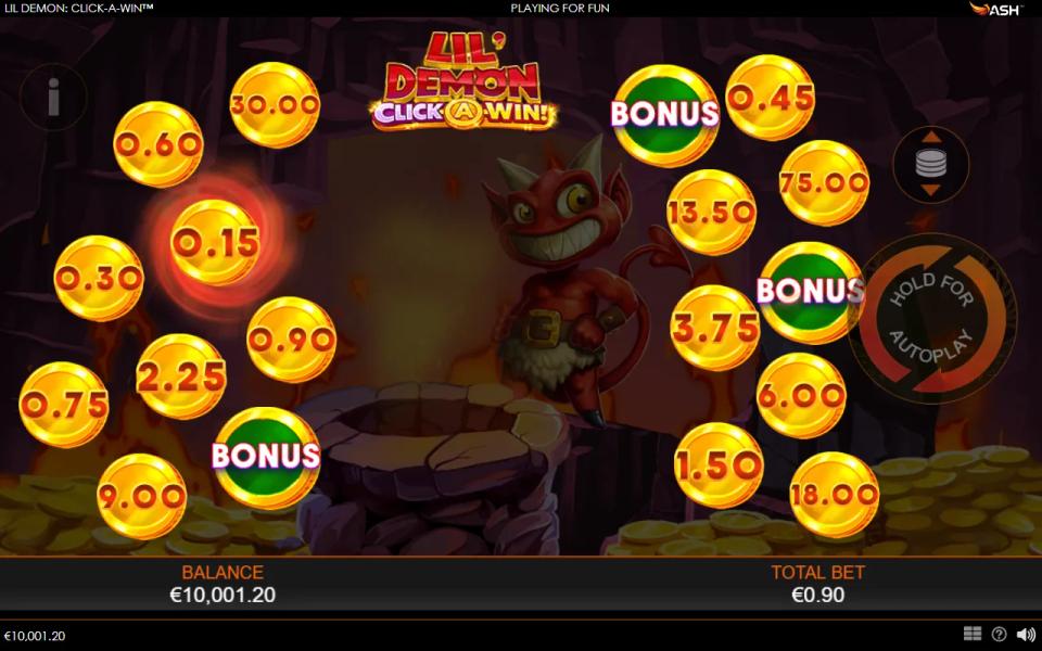 Lil' Demon: Click-A-Win board mid-toss, the grinning red demon beside the fire pit and one glowing coin lit as won among 18 cash and BONUS coins