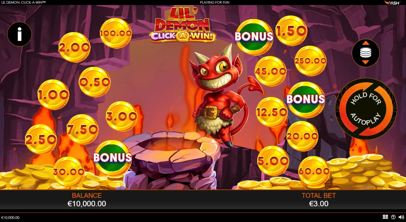 Lil Demon Click-A-Win gameplay showing a red demon and lava pit ringed by 18 gold coin cash prizes and Bonus symbols