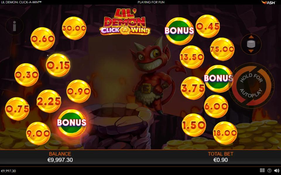 Dimmed Lil' Demon board with a green BONUS coin at the lower left glowing as won