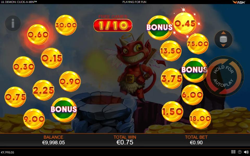 Lil' Demon free games under a blue sky, the demon wearing a halo, the free games counter at 1 of 10