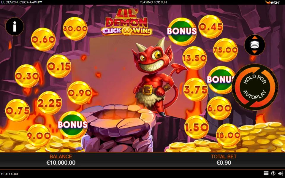 Lil' Demon: Click-A-Win coins relabelled at a 0.90 stake, running from 0.15 up to a top coin of 75.00