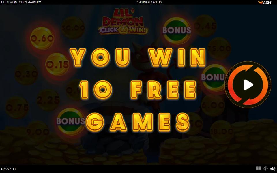 YOU WIN 10 FREE GAMES card over the dimmed Lil' Demon board, with a play arrow in place of the spin button