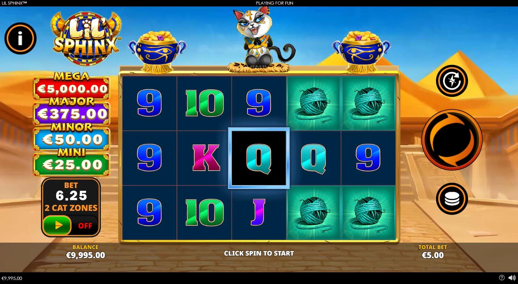 Lil Sphinx slot gameplay showing a 5x3 ancient-Egypt grid with a sassy sphinx-cat wild, Eye-of-Horus coin pots, a ball of yarn and gold cash coins, and four jackpots