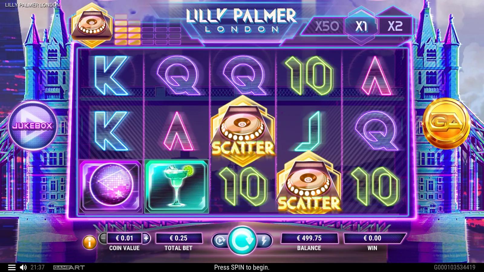 Lilly Palmer London slot gameplay showing the 5x3 neon reels with DJ headphones, speakers and disco balls
