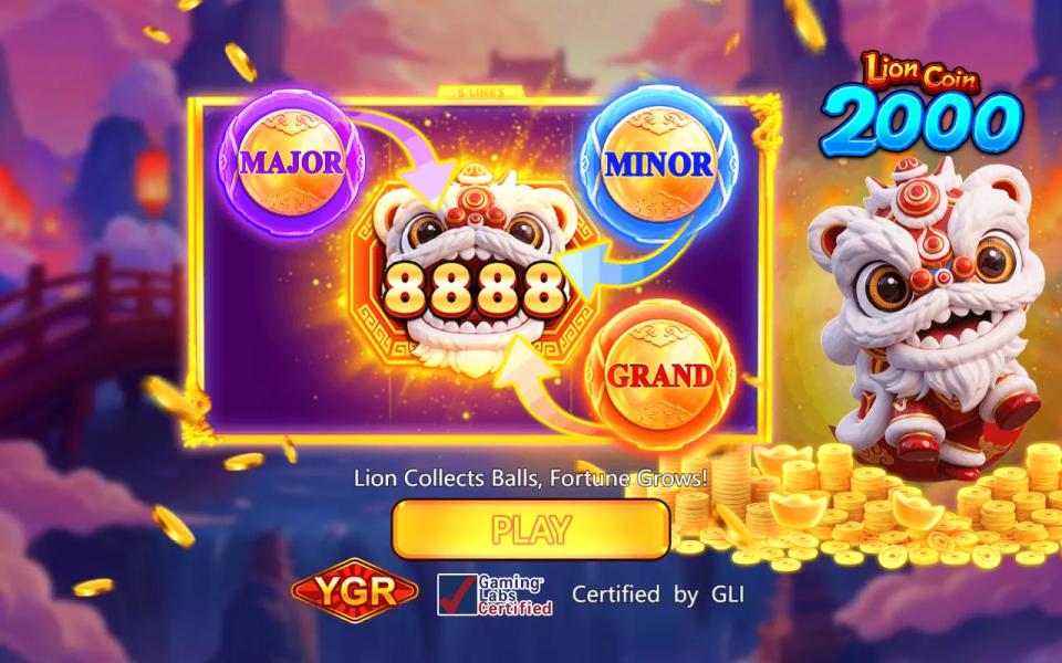 Lion Coin 2000 intro screen showing 5 LINES, four jackpot orbs marked GRAND, MAJOR, MINOR and MINI, and a white lion holding an 8888 coin under the line Lion Collects Balls, Fortune Grows