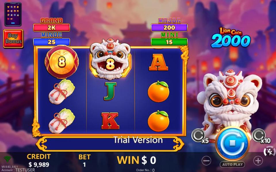 A 3x3 board with a gold coin marked 8 on the top of reel 1, the Lion symbol on reel 2 with an 8 on its face mid-collect, and an A on reel 3