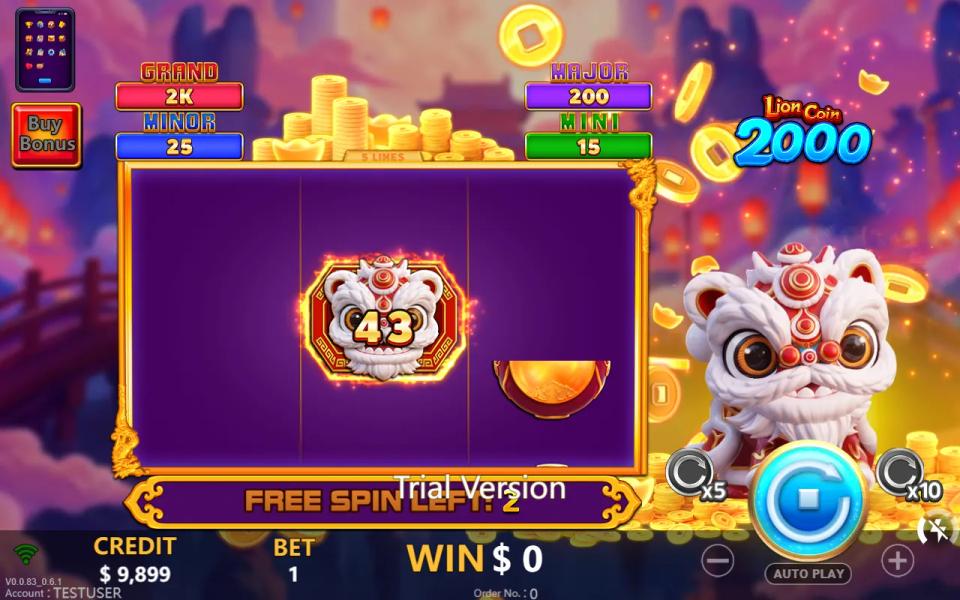 The purple bonus screen with FREE SPIN LEFT: 2 across the bottom and the Lion symbol holding a running total of 43