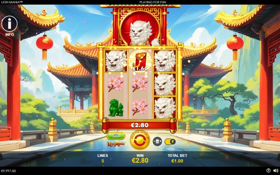 Lion Mania's 3x3 reels with a white lion wild on reel 1 and three wilds down reel 3, three paylines lit for a small win