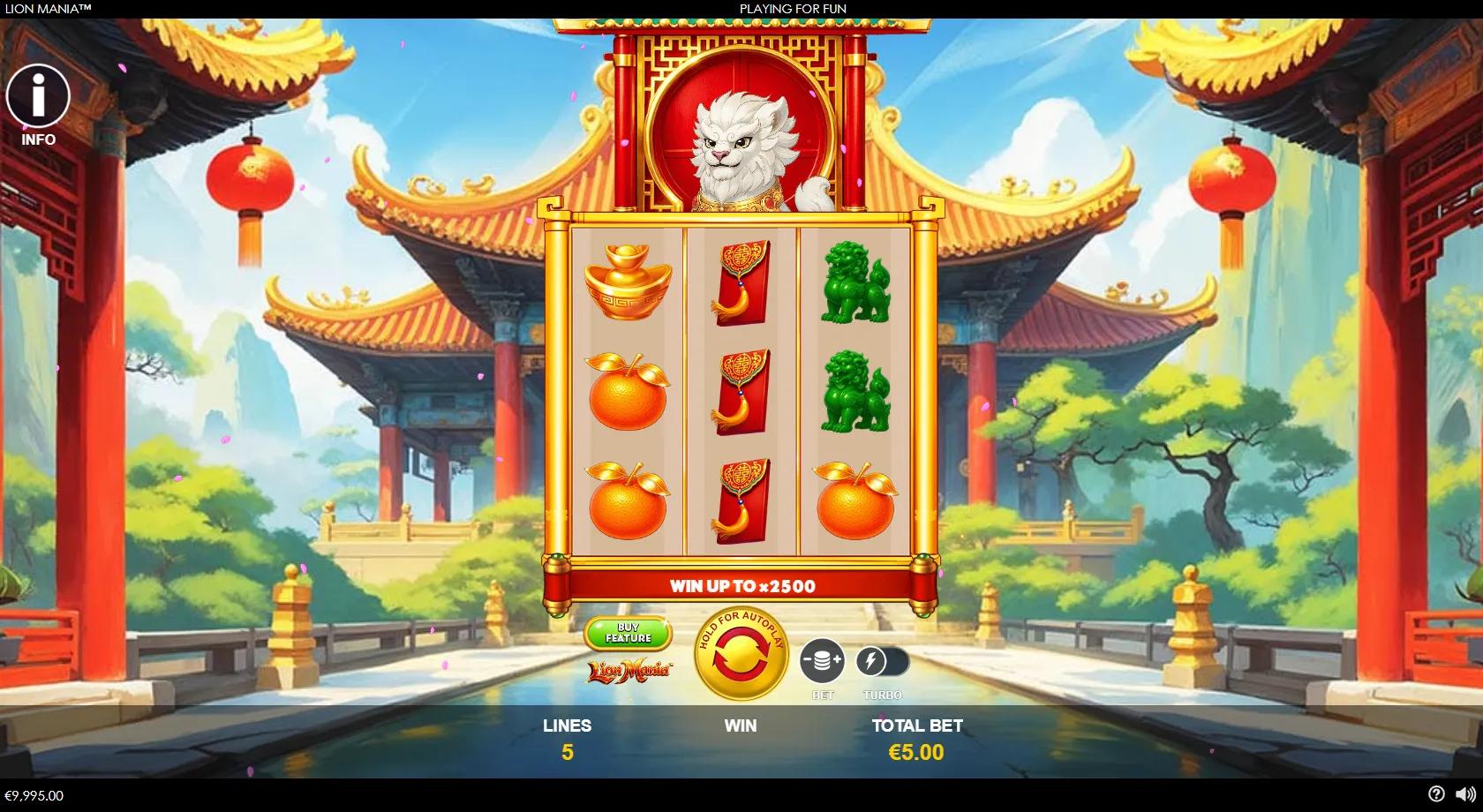 Lion Mania slot gameplay showing the 3x3 Chinese grid with white lion Wild, gold ingots and red envelopes