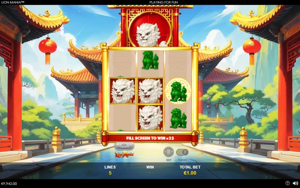 Lion Mania Respins starting with the jade lion chosen, every other symbol cleared, three wilds and two jade lions locked and the ticker reading FILL SCREEN TO WIN x25
