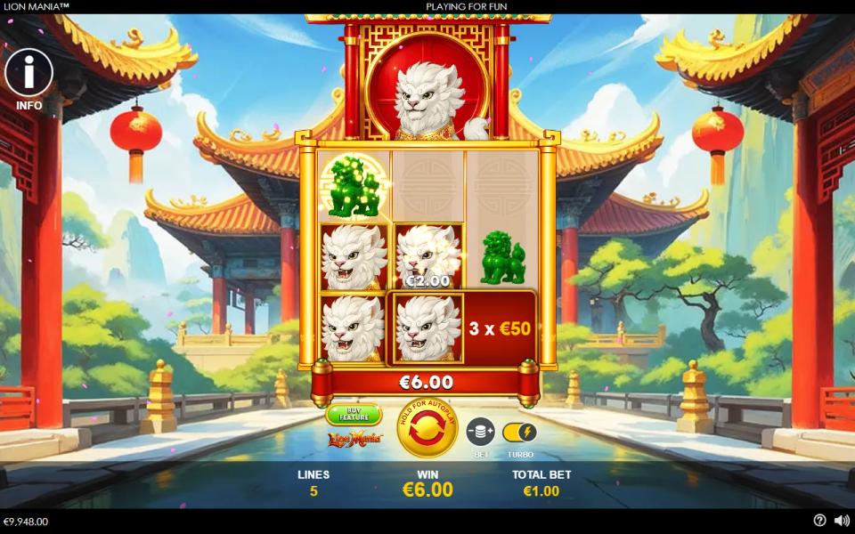 The end of a bought Lion Mania Respins round with seven of nine cells filled by jade lions and wilds, two cells empty