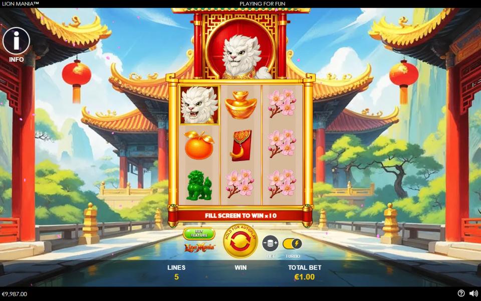 Lion Mania base game with one wild on reel 1, no winning line, and the ticker under the reels reading FILL SCREEN TO WIN x10