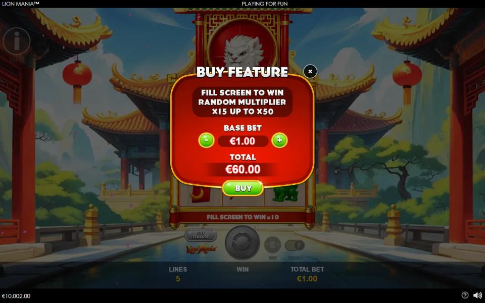 Lion Mania Buy Feature menu offering a random full-screen multiplier from x15 up to x50 for a total of 60.00 at a 1.00 bet
