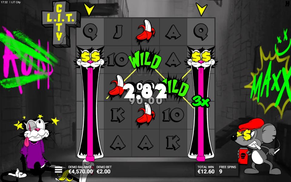 LIT City 5x5 grid in a monochrome graffiti alley with two Wild Cat symbols stretched down the reels and a 3x multiplier badge