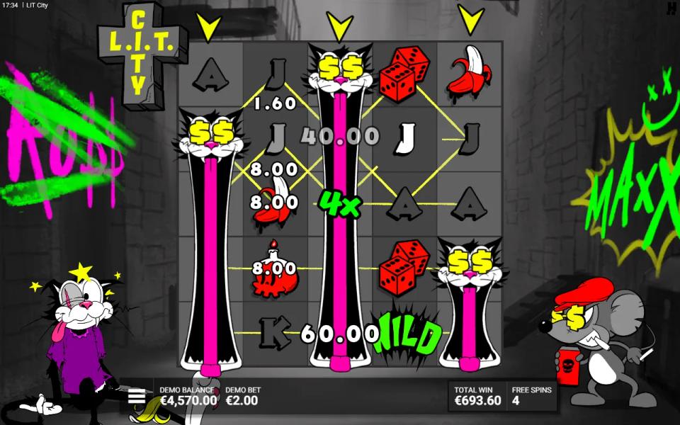 Expanded Wild Cat with a 4x multiplier and several payline wins drawn across the LIT City grid