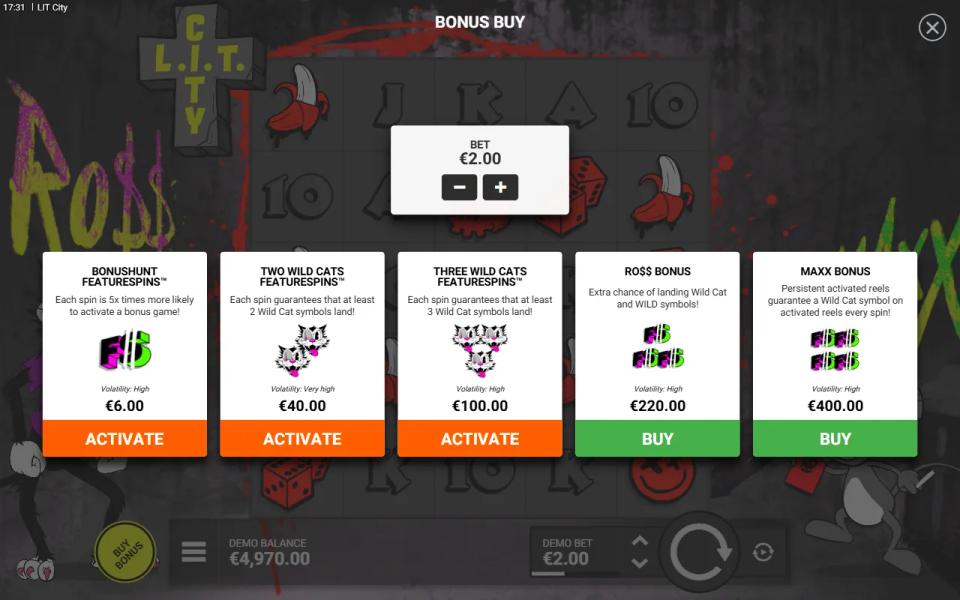 LIT City bonus buy menu with five purchase cards showing prices and volatility labels
