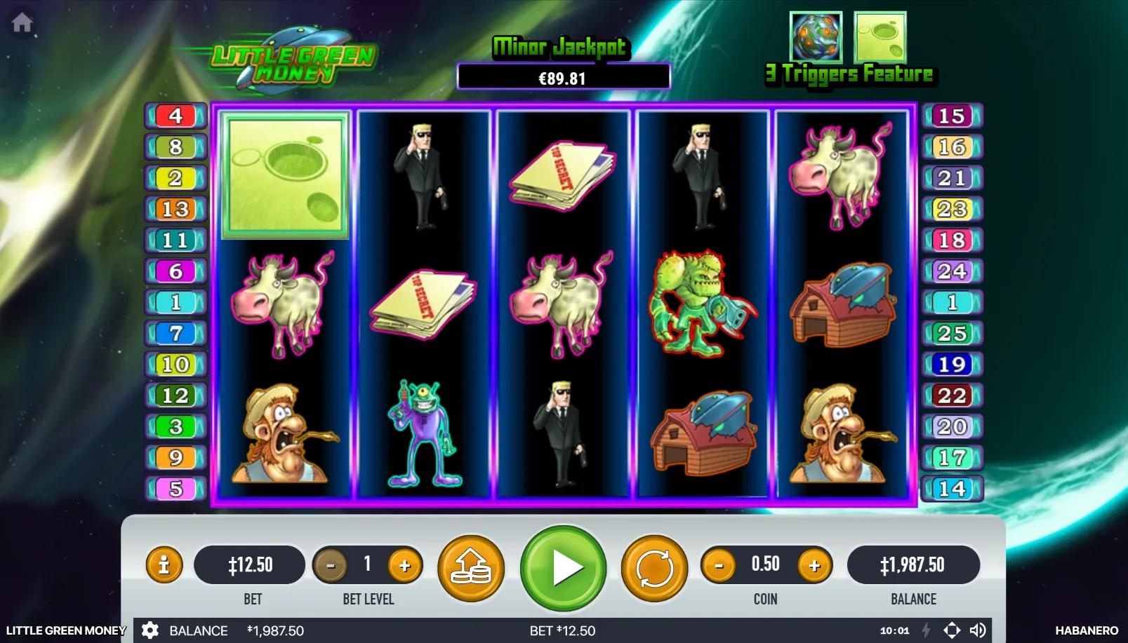 Little Green Money 5x3 slot grid with green alien, FBI Agent, Top Secret folder, farmer and cow under Grand Jackpot meter