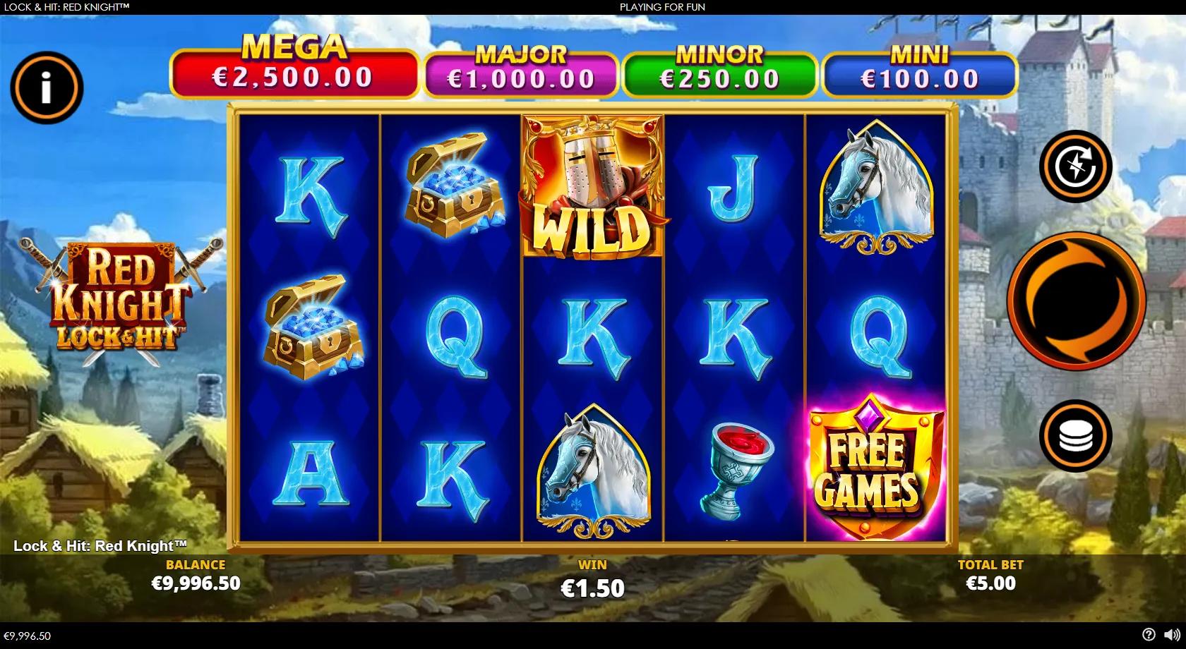 Lock & Hit: Red Knight gameplay showing 5x3 medieval reels with gold crown coins and four jackpots