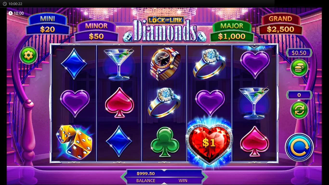 Lock It Link Diamonds 5x3 reels on purple cabaret backdrop with MINI MINOR MAJOR GRAND jackpot plaques