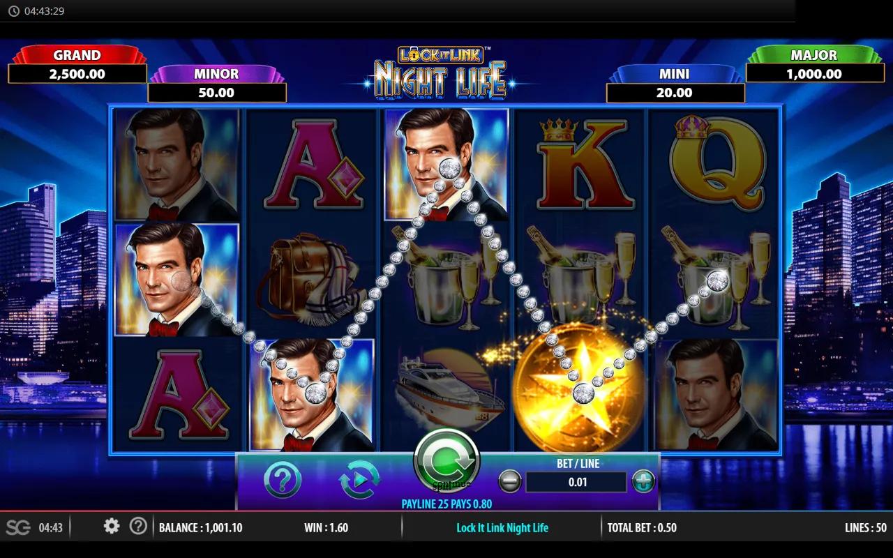 Lock It Link Night Life 5x3 reels on a Manhattan skyline at dusk with the four-tier jackpot ladder above