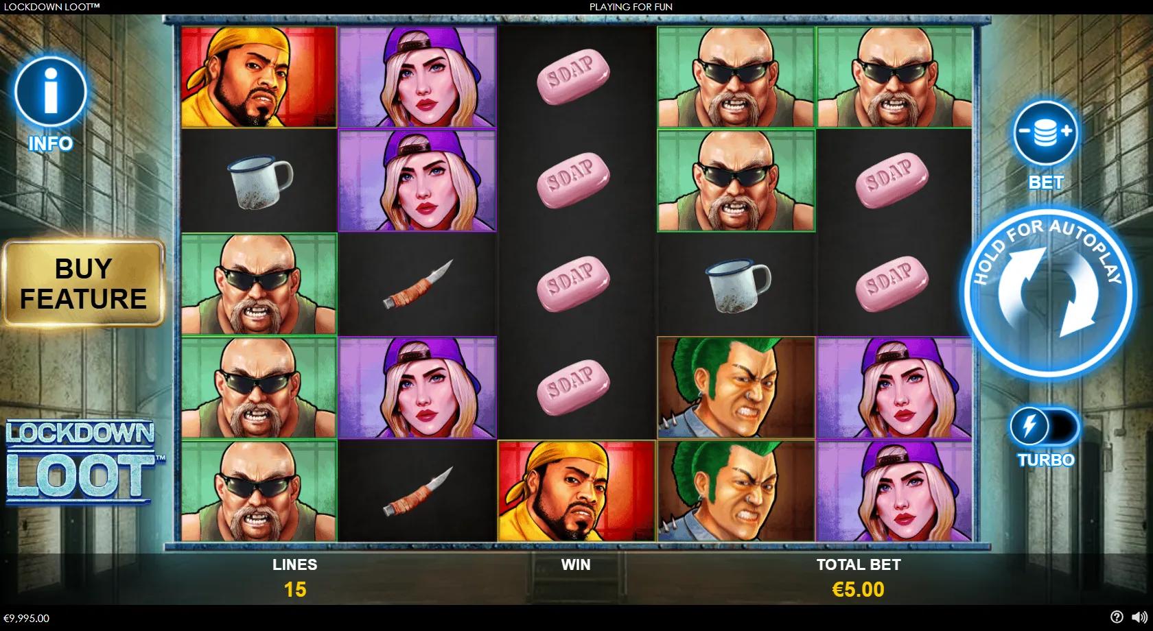 Lockdown Loot gameplay showing a 5x5 prison-themed grid with inmate symbols and a WILD fist tattoo