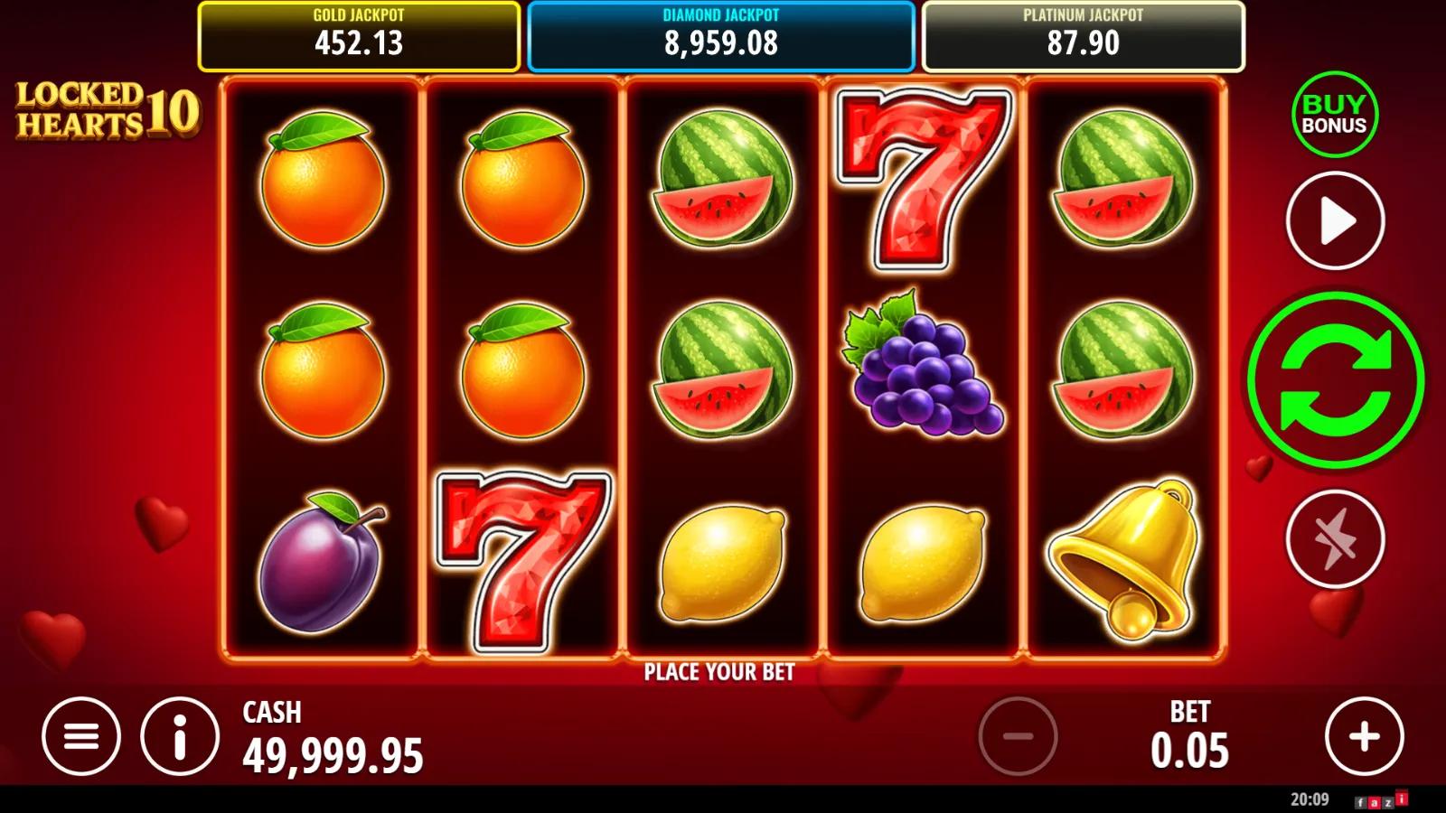Locked Hearts 10 slot gameplay showing 5x3 fruit reels with heart Wild, golden heart bonus padlock and jackpot meters