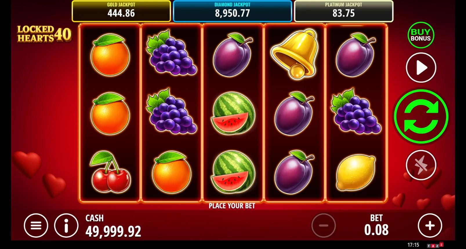 Locked Hearts 40 slot gameplay showing the 5x3 fruit grid with heart Wilds, Buy Bonus and Gold/Diamond/Platinum jackpots