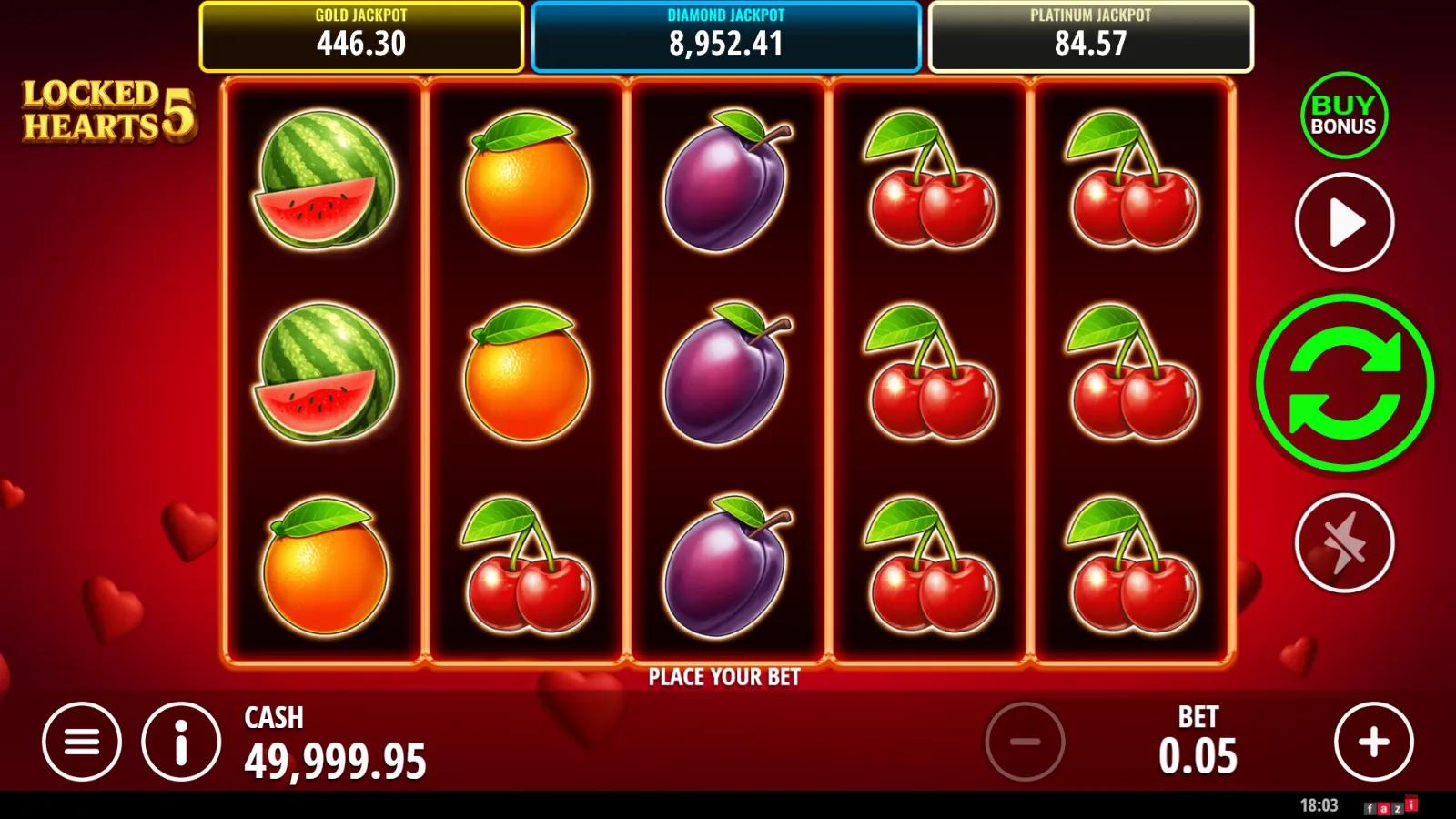 Locked Hearts 5 slot gameplay showing the 5x3 fruit grid with heart Wilds, Buy Bonus and Gold/Diamond/Platinum jackpots