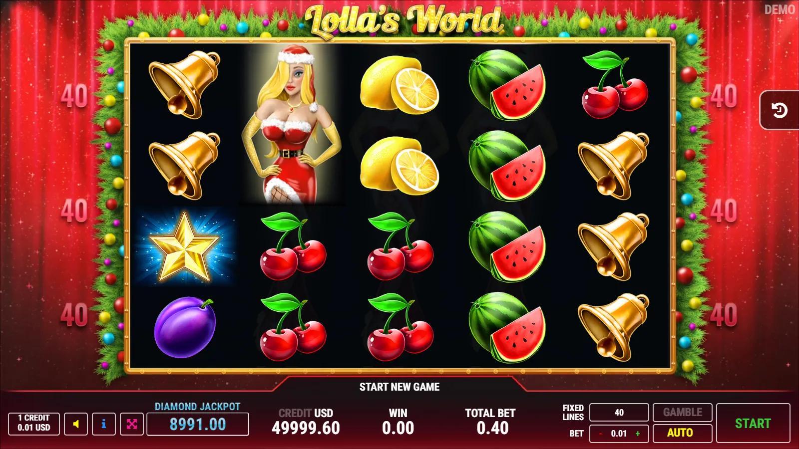 Lolla's World Christmas slot gameplay showing 5x4 fruit grid with expanding Santa-model wild, gold star scatter, red 7 and 40 paylines