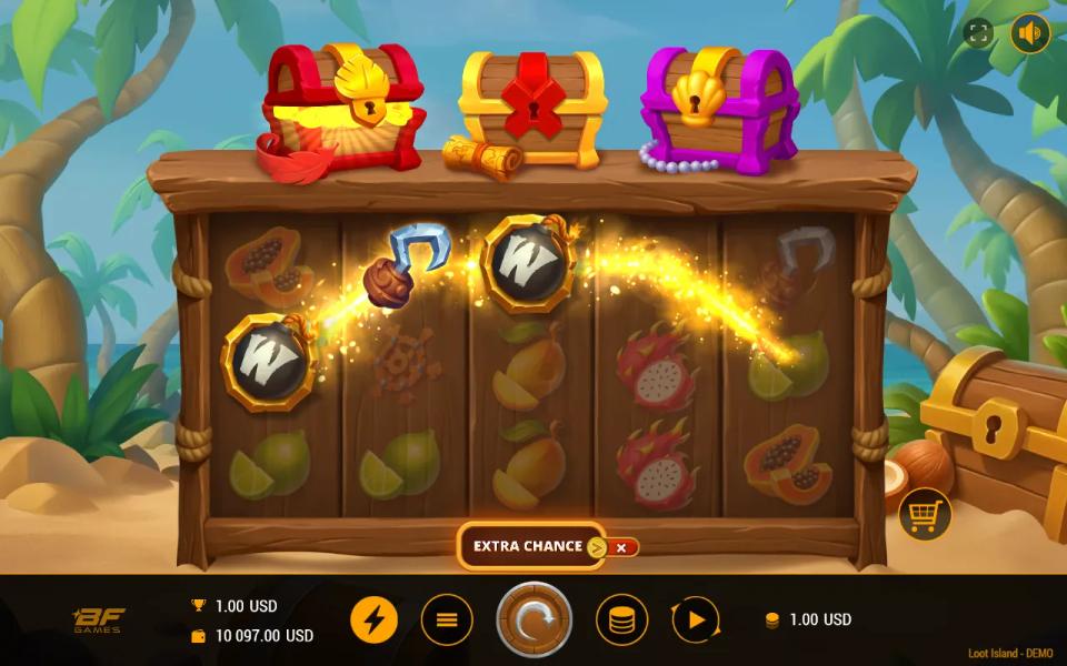 Loot Island base game: two bomb wilds on reels 1 and 3 complete a line of hooks under the red, golden and purple treasure chests