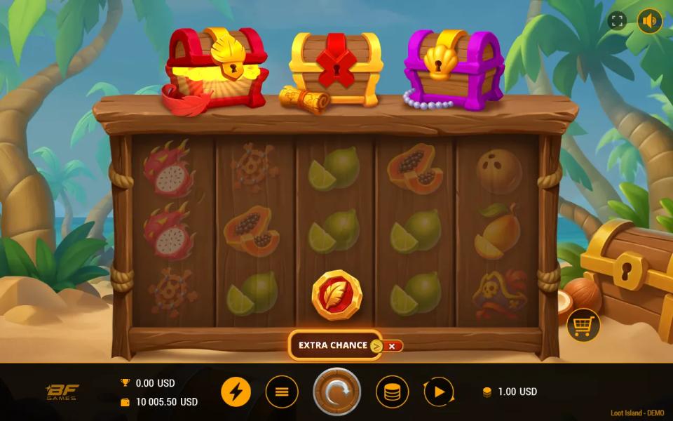 A red feather coin on reel 3 lights up the red chest above the reels without starting the bonus