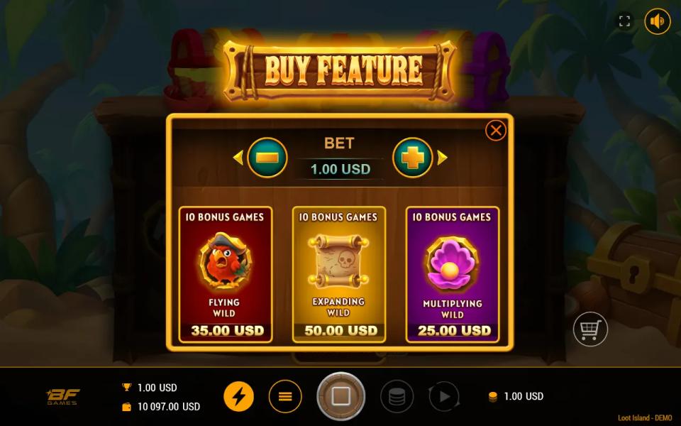 Buy Feature panel listing Flying Wild, Expanding Wild and Multiplying Wild, each for 10 bonus games