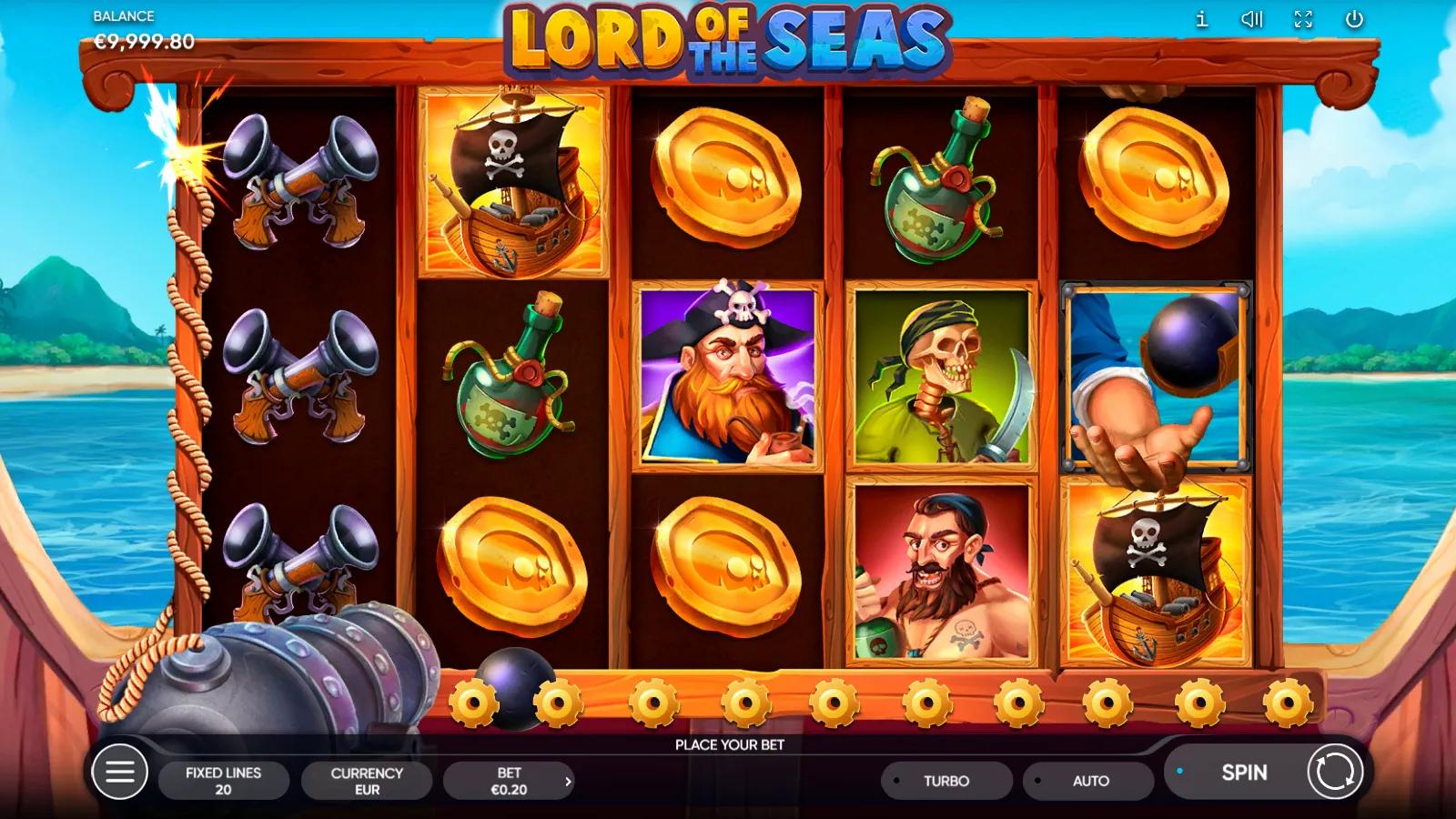 Lord of the Seas slot gameplay showing 5x3 pirate reels with a captain, skeleton crew and gold coins beside a deck cannon