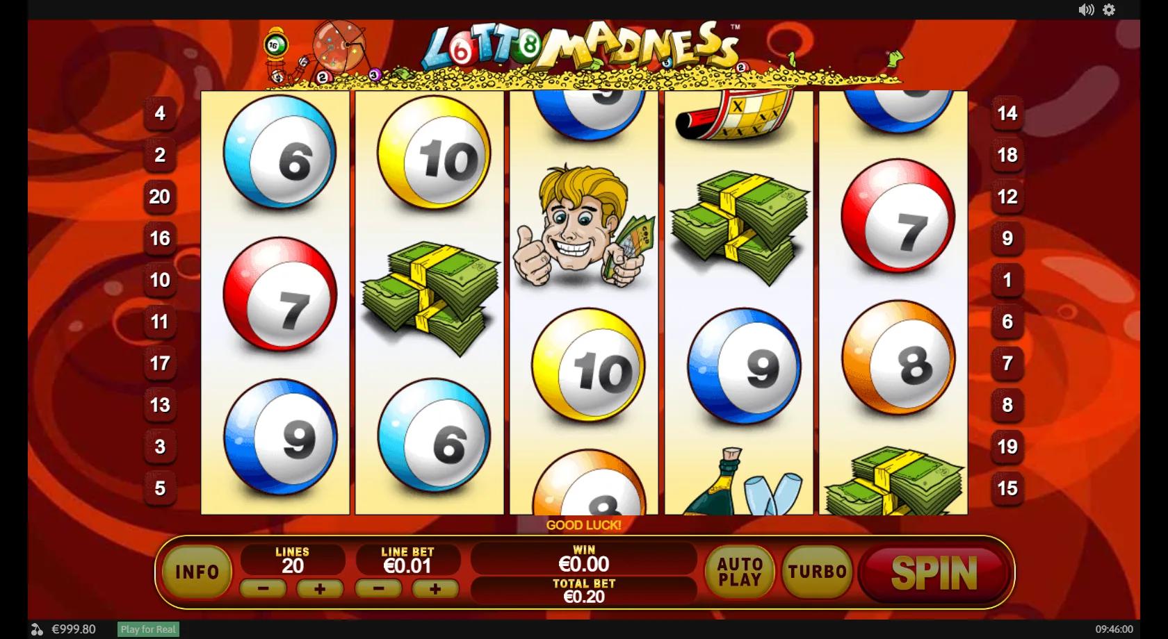 Lotto Madness slot gameplay showing classic 5x3 lottery reels with numbered bingo balls, cash bundles and a Wild card scroll