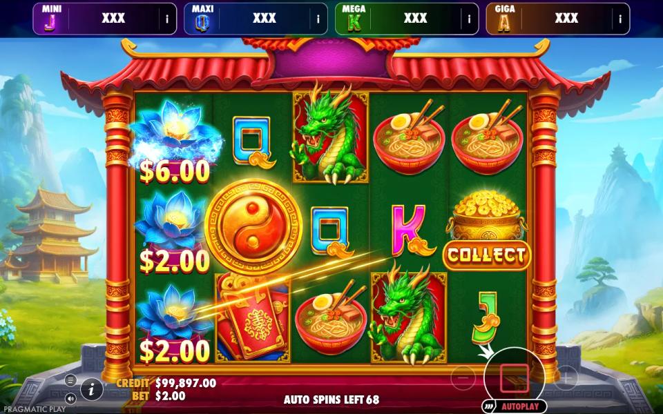 Lotus Treasure Oranje Jackpot 5x3 reels with three blue lotus money symbols stamped $6.00, $2.00 and $2.00 down the first reel and a gold Collect pot on the fifth, under a jackpot bar reading Mini, Maxi, Mega and Giga