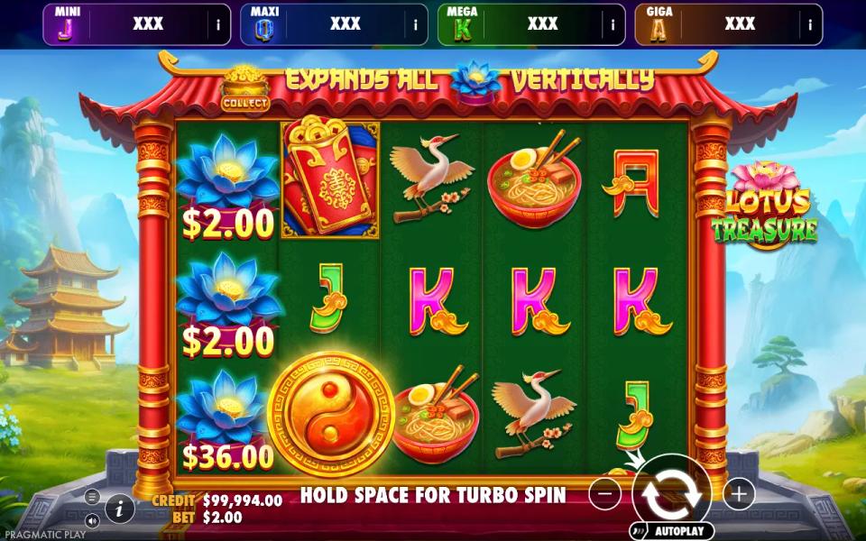 Lotus Treasure Oranje Jackpot board with three lotus money symbols worth $2.00, $2.00 and $36.00 on reel one and no collect symbol on reel five