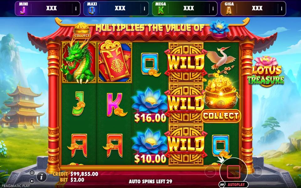 Lotus Treasure Oranje Jackpot board with a full stack of wilds on reel four, two lotus money symbols worth $16.00 and $10.00 on reel three, and a Collect pot on reel five