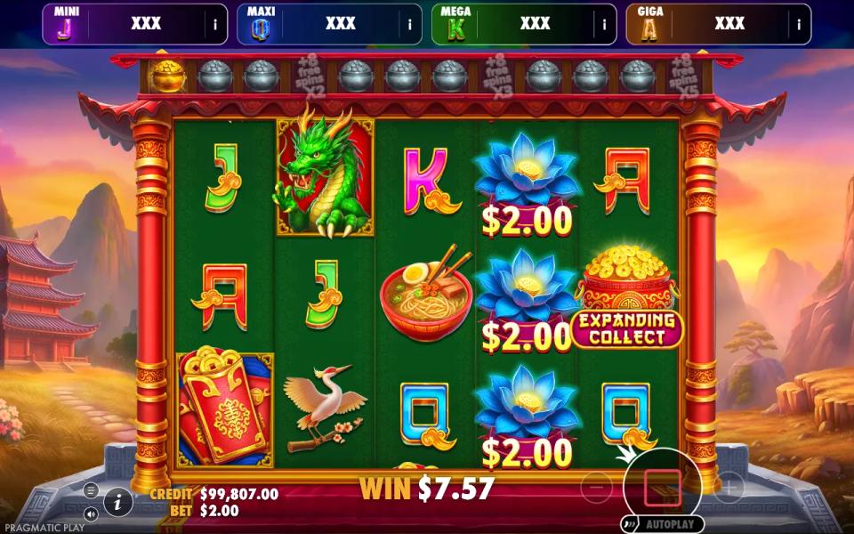 Lotus Treasure Oranje Jackpot free spins board with the Expanding Collect filling reel four with fresh lotus money symbols and a twelve-pot trail above the grid