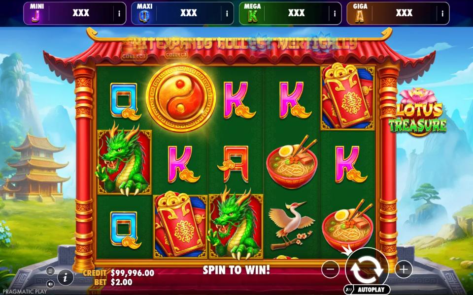 Lotus Treasure Oranje Jackpot 5x3 board showing the full symbol set, dragons, a yin-yang bonus coin, red envelopes and brushed royal letters, in front of a red pagoda