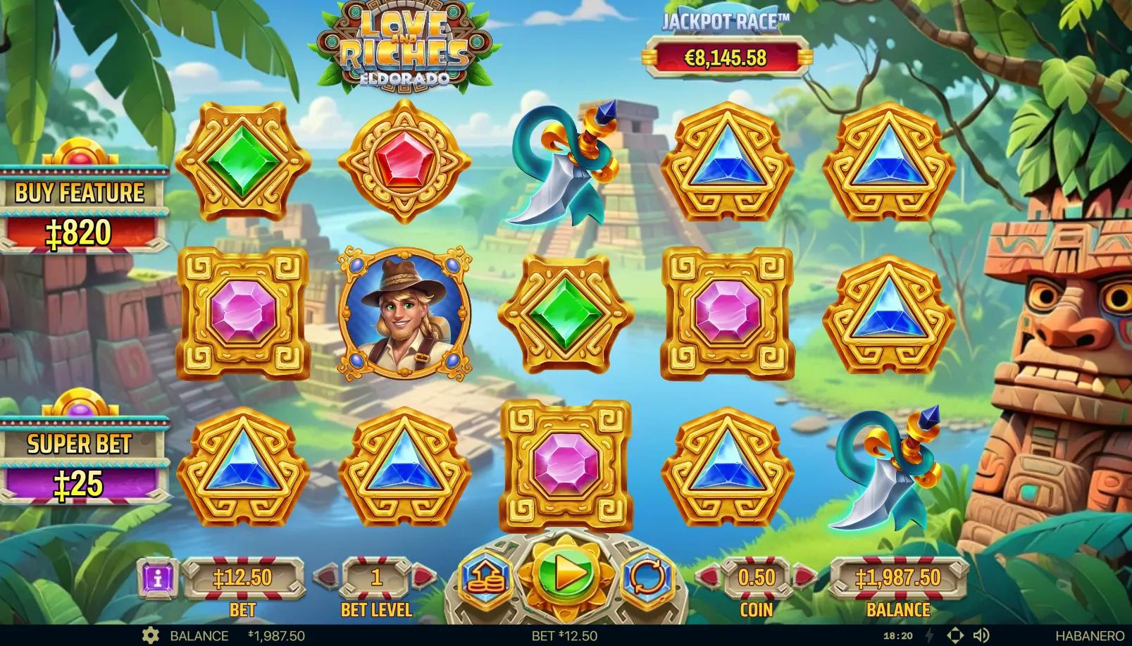 Love and Riches Eldorado slot gameplay showing 5x3 grid with Aztec gemstones, golden masks, and warrior symbols in jungle setting