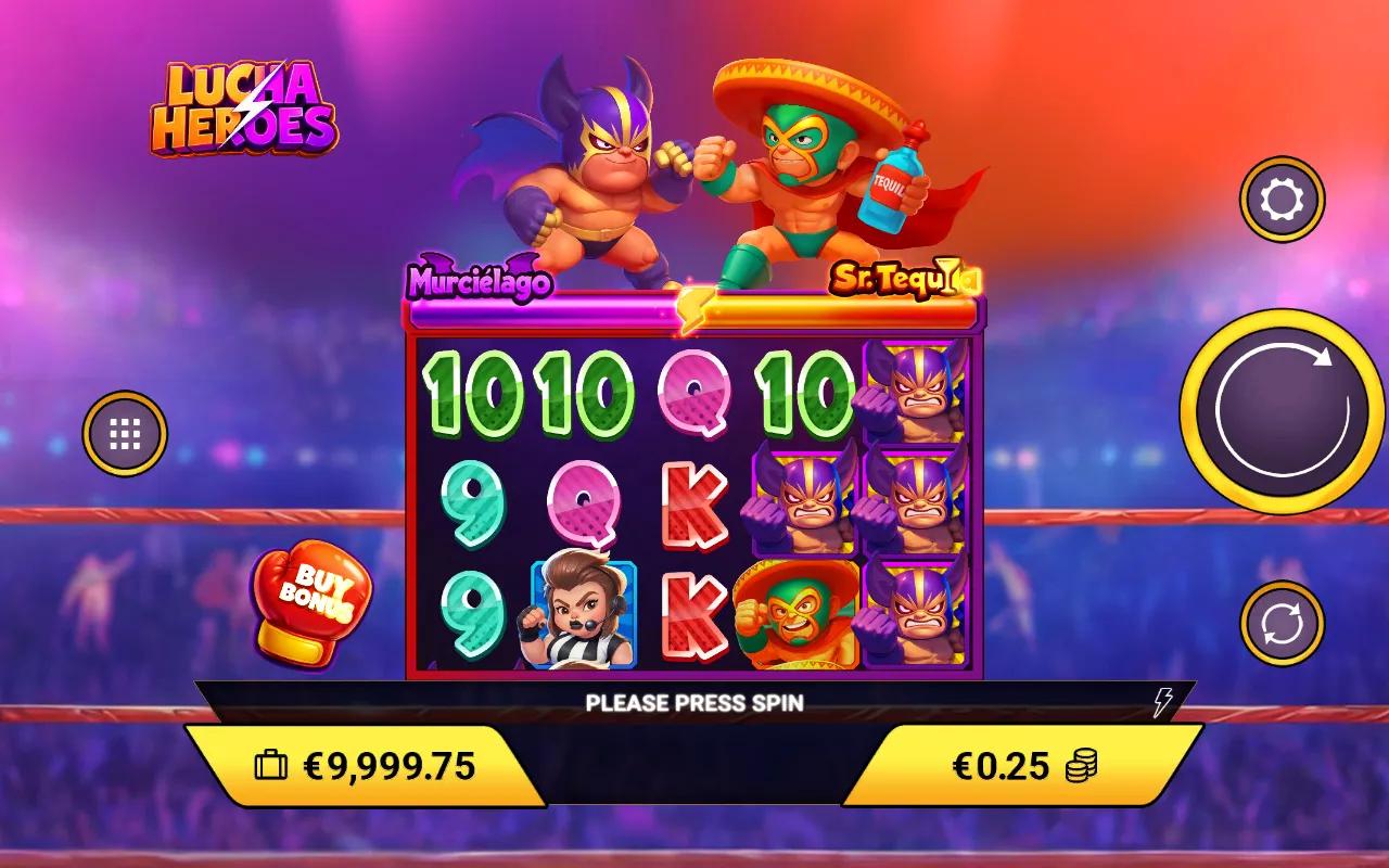 Lucha Heroes slot 5x3 grid with wild and Lucha Heroes logo symbols and the fighter duel bar above the reels