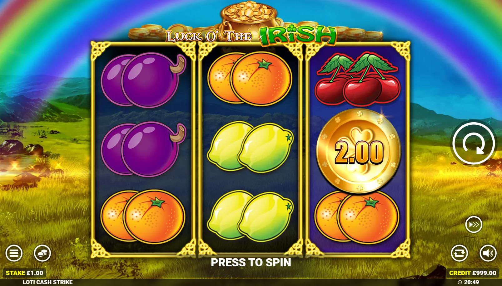 Luck O' The Irish Cash Strike slot showing 3x3 Irish grid with Cash on reels 1/3 and Pot of Gold accumulator
