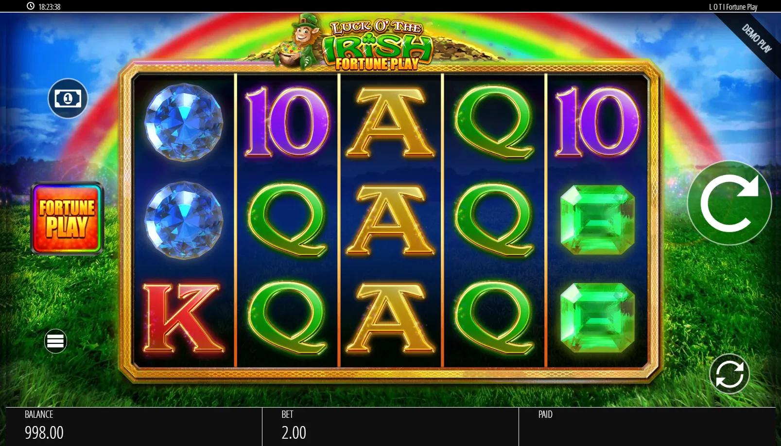 Luck O' The Irish Fortune Play slot showing 5x3 Irish grid with leprechaun, gems and Fortune Spins button