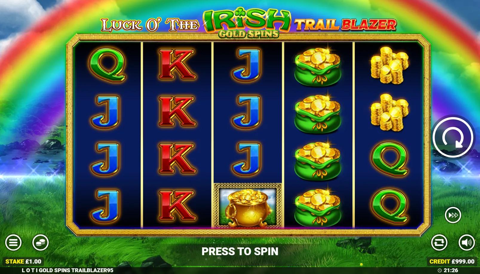 LOTI Gold Spins Trailblazer slot showing 5x4 Irish grid with leprechaun, Wild meter and 40 paylines